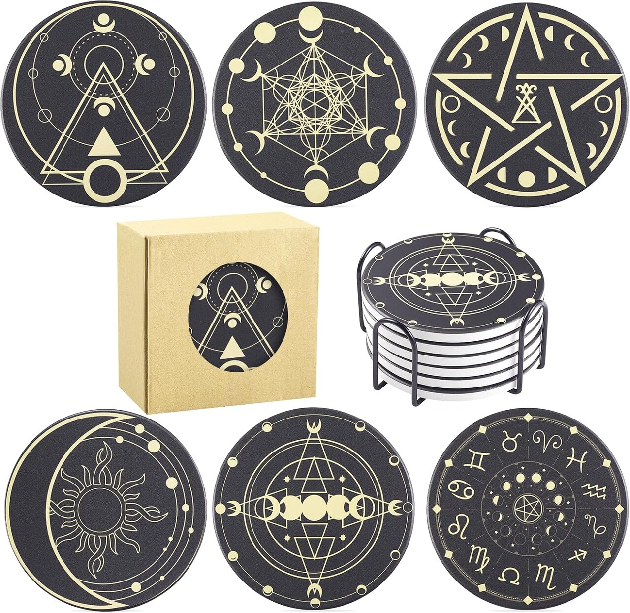6 Pcs Funny Set with Holder,Witchy Coasters for Drinks,Kitchen Witch Decor